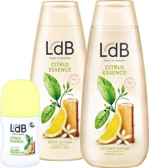 Zwei Flaschen mit zitrusduftenden Hautpflegeprodukten und eine kleine Flasche Deodorant oder Lotion, alle mit 'Citrus Essence' beschriftet.