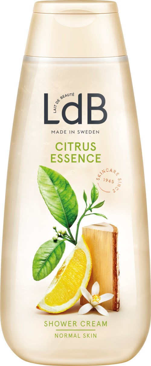 Eine Flasche LdB Zitrus-Duschcreme mit Zitrone, Blättern und einem Holzstück für normale Haut.