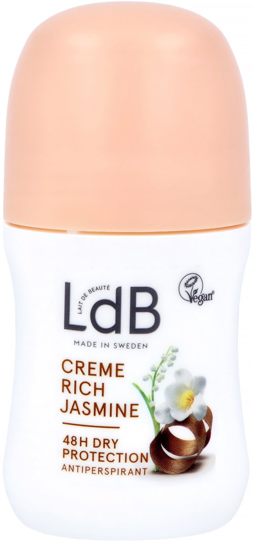 Deorollflasche mit 'LadB' und Jasmin-Duft, weiß mit beigem Deckel, zeigt Kokosnuss und Jasmin Bilder.