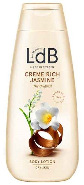LodB Körperlotion bei trockener Haut, Jasmin-Geruch, mit Blume und Holzschale auf Flasche.