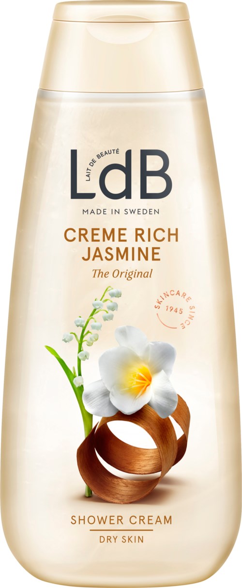 Eine Flasche LdB Jasmine Duschcreme mit weißer Blume und braunem Ring auf dem Etikett.