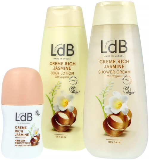 Drei Hautpflegeprodukte mit Jasmin-Duft, für Körper, Dusche und Deo, in hellen Flaschen und Behältern.