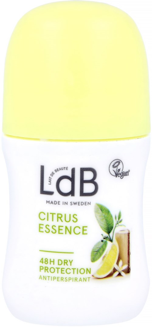 Ein Deostick mit gelber Kappe, gekennzeichnet als LiDb Citrus Essence, bietet 48 Stunden Schutz und ist vegan.