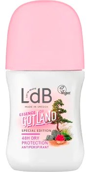Ein rosa-weißer Deodorantflasche mit Text und einer kleinen Baumzeichnung auf dem Etikett.