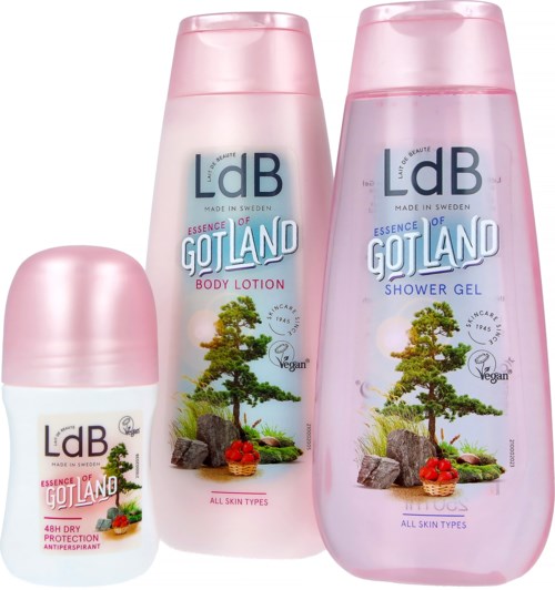 Drei rosa Flaschen mit LdB Gotland Hautpflegeprodukten: Körperspray, Duschgel und Deodorant. Mit Baum- und Naturlandschaftsdarstellungen.