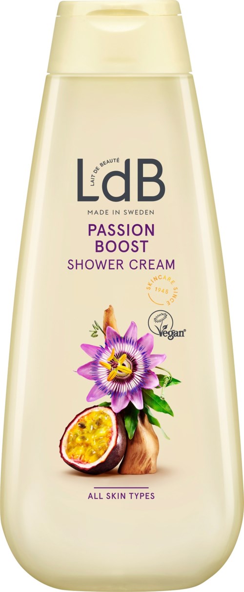 Beige Flasche mit lila und schwarzem Text, Passionfruit, Blume und veganes Label, für Duschcreme.