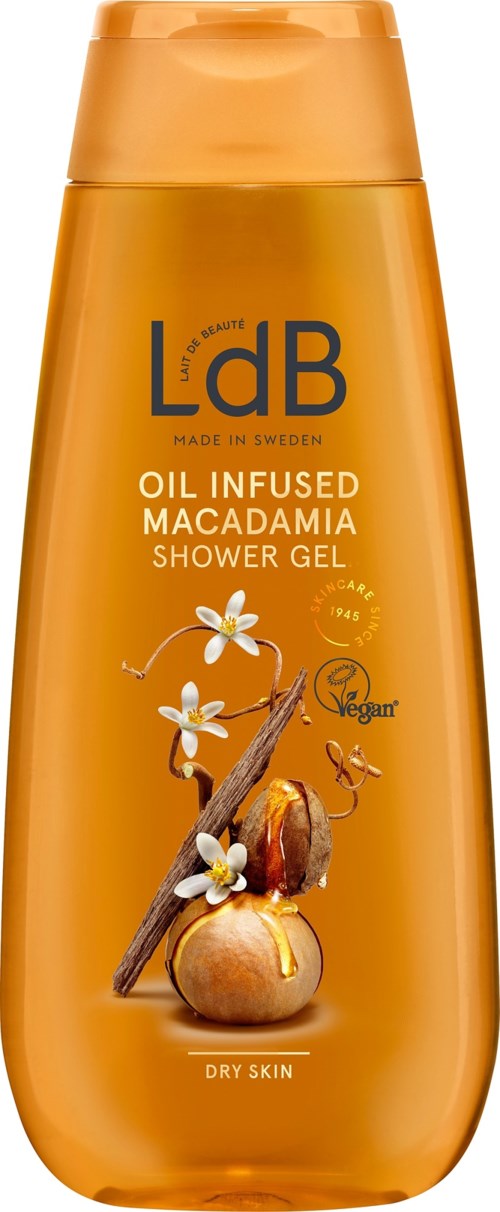 Eine lange orange Flasche mit Deckel, beschriftet als ölinfundiertes Macadamia-Duschgel, mit Abbildungen von Macadamianüssen und Vanille.