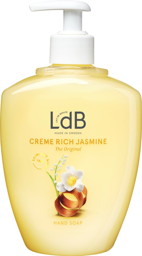 Eine gelbe Handseifenspender mit Pumpe, beschriftet 'LdB Creme Rich Jasmine', mit Jasminblüten und Seifel.