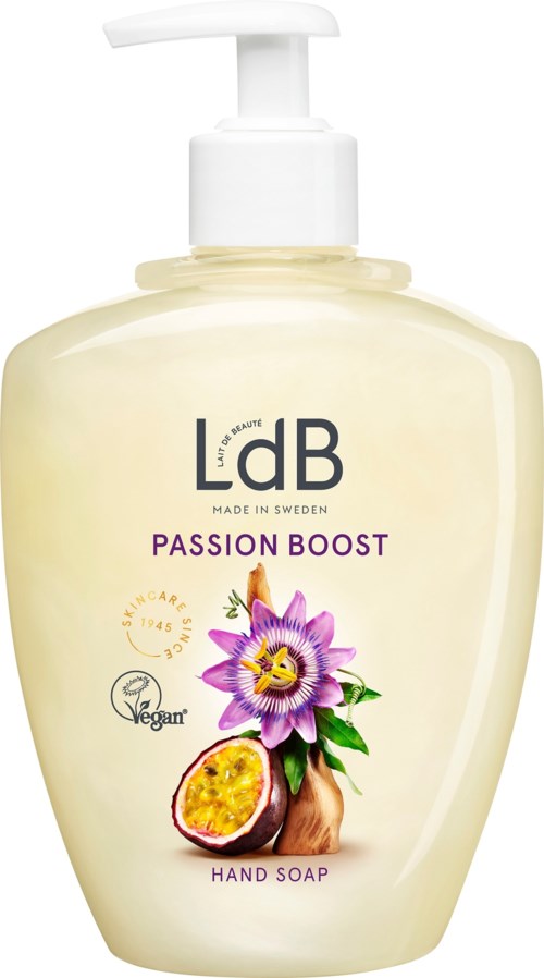 Eine weiße Handseifenspenderflasche mit Pumpe, beschriftet 'LadB Passion Boost' mit Passionfrucht und Passionsblumenbilder.