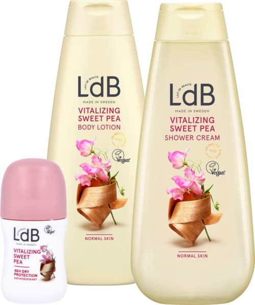 Drei Hautpflegeflaschen und ein Behälter mit süßer Erbse und Vegan-Symbolen, für Körperlotion, Duschcreme und Schutz.