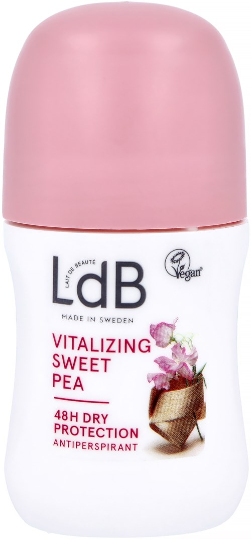 Ein rosa und weißer Roll-On-Deodorant mit Text über Schutz vor Schweiß und Trockenbleiben.
