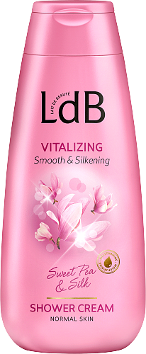 Pinkkisäpytty suihkusaippuaa, jossa kukkakuvia, nimeltä 'VITALIZING' ja tuoksuu 'Sweet Pea & Silk'.