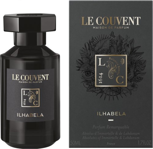 Een zwart parfumflesje en doos met goud en wit tekst, genaamd Le Couvent Ilhabela, 50 ml.