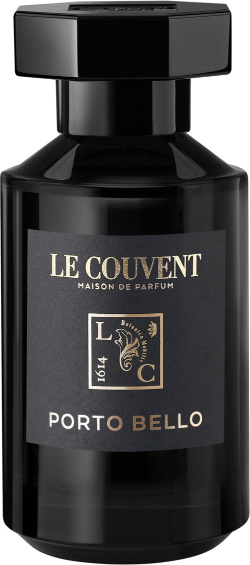 Een zwarte parfumfles met een label dat "Le Couvent Porto Bello" zegt en een zwart deksel.