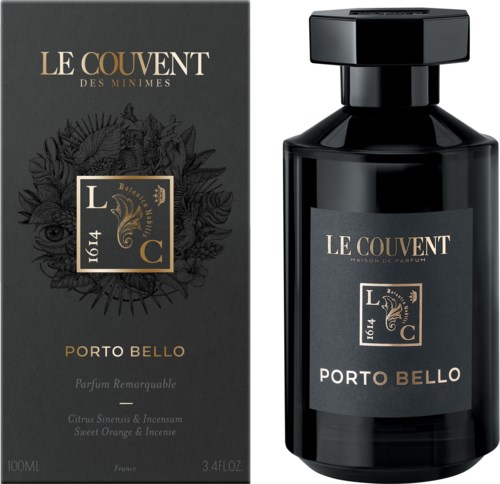 Een zwarte parfumfles en doos met 'Le Couvent Porto Bello', bloemendecoratie en gouden accenten.