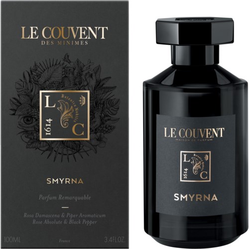 Zwarte parfumfles en doos met "LE COUVENT SMYRNA"-label, met bloem- en abstracte ontwerpen en ingrediënteninformatie.