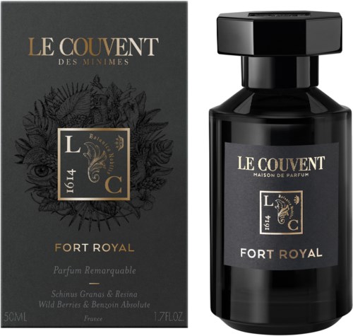 Elegante zwarte parfumfles en doos met gouden en witte tekst, bloemontwerp en merknaam Le Couvent.