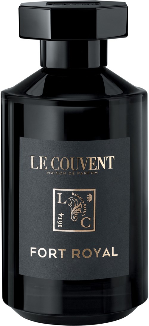 Zwarte fles met goud en wit tekst, gelabeld 'LE COUVENT' en 'FORT ROYAL,' waarschijnlijk parfum.