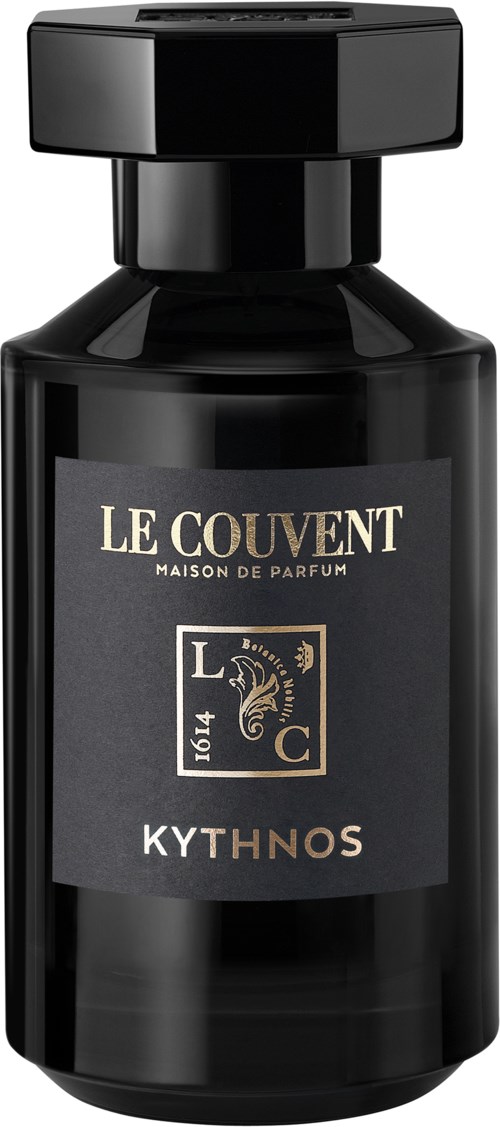 Zwarte parfumfles met een strak etiket met Le Couvent, Maison de Parfum, en Kythnos.