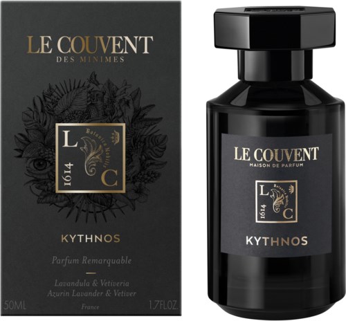 Een zwarte parfumfles en doos met goudkleurige en witte tekst over Le Couvent Kyknowns parfum.