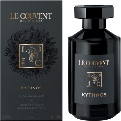 Een parfumfles en doos in een donker, stijlvol ontwerp met gouden accenten, gelabeld 'Le Couvent des Minimes Kythnos'.
