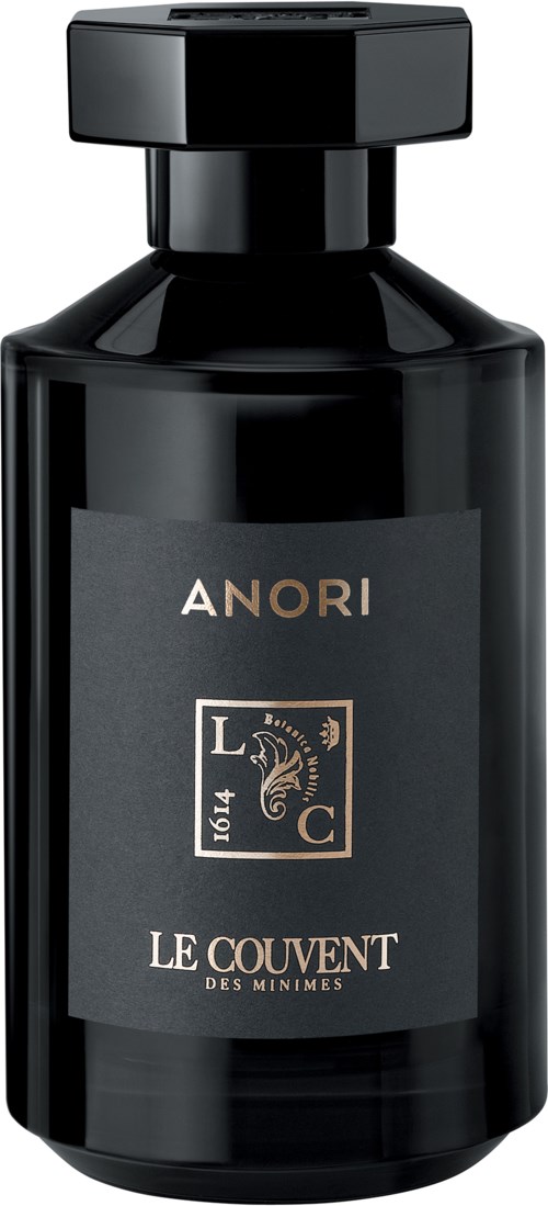 Zwarte fles met zwarte dop, gelabeld 'ANORI' en 'LE COUVENT DES MINIMES'.