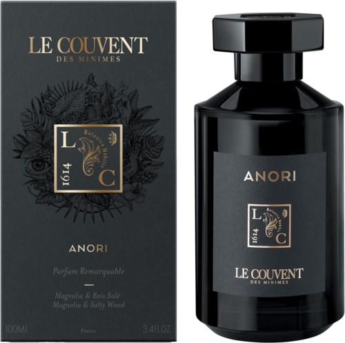 Een zwarte parfumfles en doos met elegant goud- en zwart ontwerp, gelabeld 'Le Couvent des Minimes' en 'Anori'.