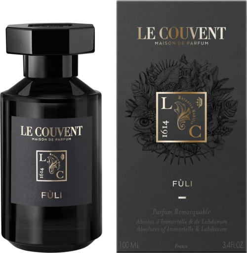 Een zwarte parfumfles met bijpassend zwart doosje, beiden met 'Le Couvent' en 'Füli'.