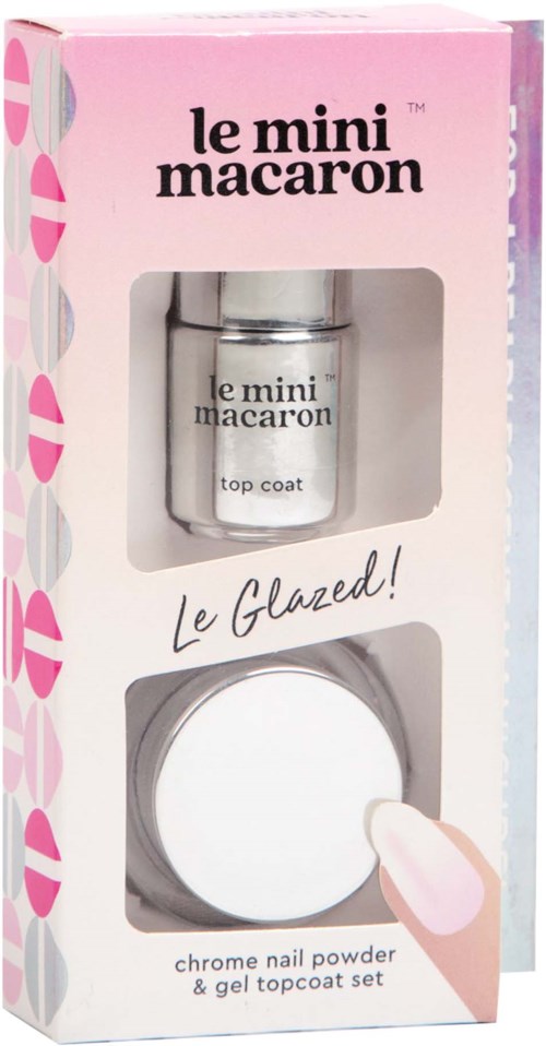 A box with nail polish and gel topcoat sets, labeled 'le mini macaron' and decorated with pink and gray shapes.