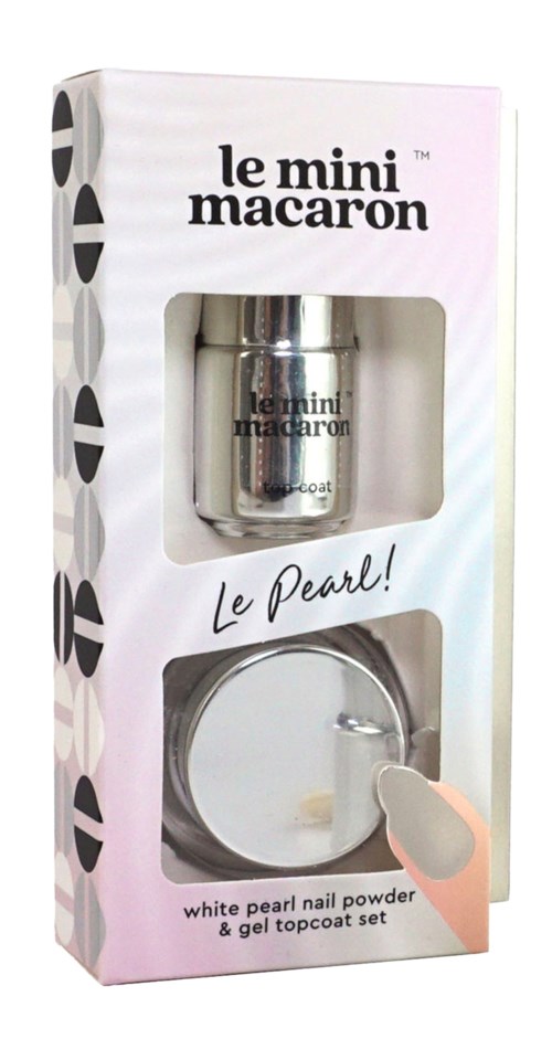 A beauty set with white pearl nail powder, gel topcoat, a small silver container, and a nail brush inside a pink and white box.