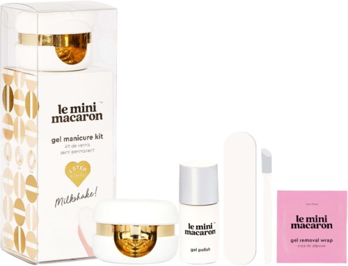 Nail care kit includes polish, remover, and gel wrap, all in white and gold packaging, with branding 'le mini macaron.'