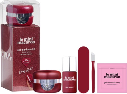 Nail care kit with red and white tools, gel polish, remover, and a pink wrap. All are labeled in English.