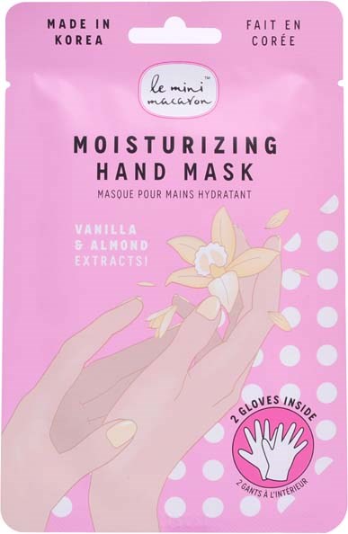 Ett rosa paket för en återfuktande handmask med vanilj och mandelextrakt, visar händer och handskar.