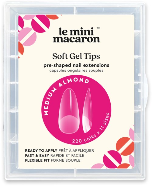 A clear plastic case contains Le Mini Macaron soft gel tips with a pink and white circle design on the label.
