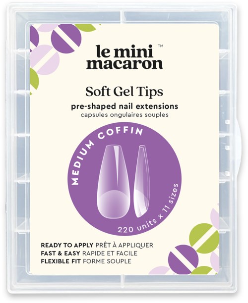 A clear plastic container holds soft gel nail tips with purple and green design elements and text labels.