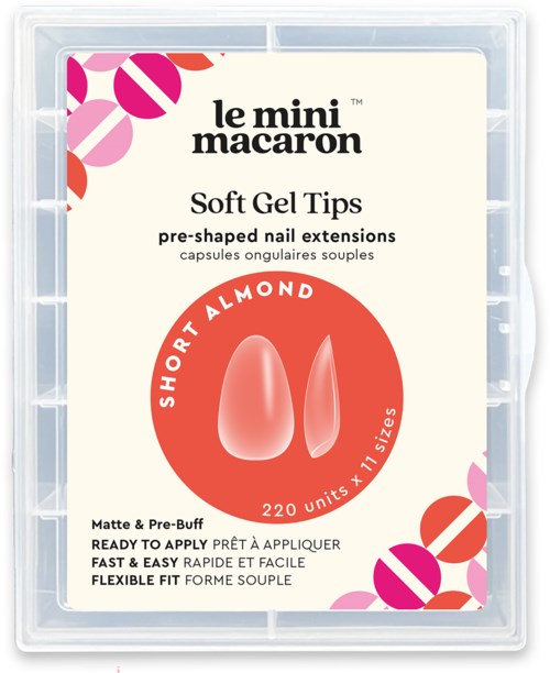 A clear plastic case holds soft gel nail tip capsules with pink and orange colors, labeled with brand and product info.