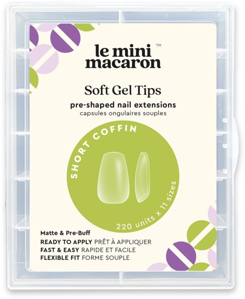 A clear plastic case contains a label for gel nail tips with green and purple decorative elements. Words describe product features.