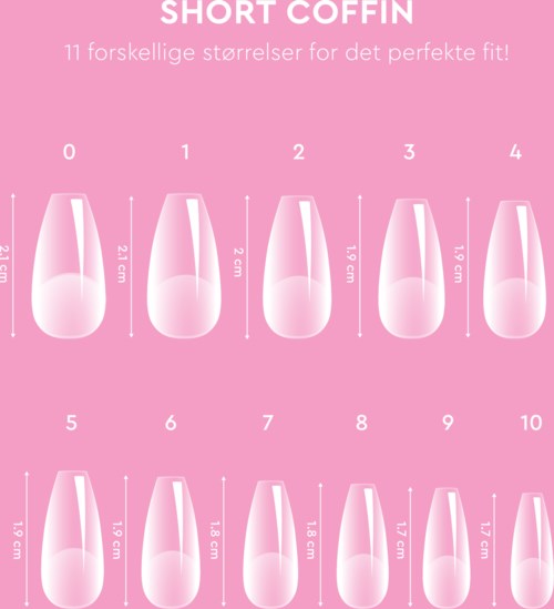 A pink infographic shows 11 glass sizes from 0 to 10, with their heights in centimeters.