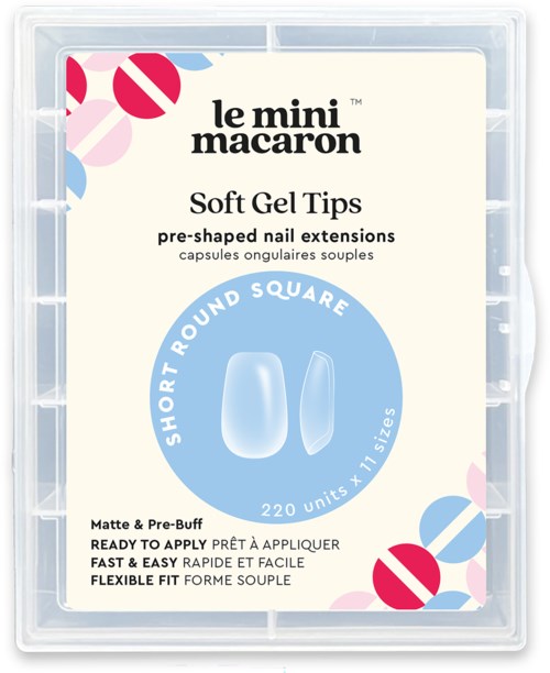 A clear plastic case contains Le Mini Macaron soft gel nail tips, shaped like short round squares, in light blue.