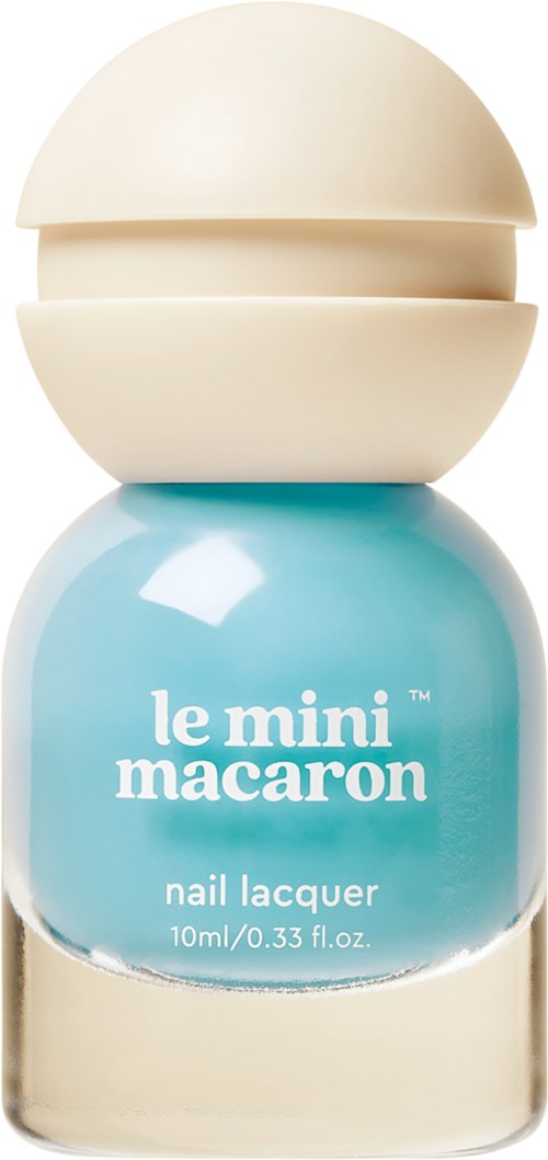A blue bottle of nail lacquer with a beige cap, labeled 'le mini macaron'.