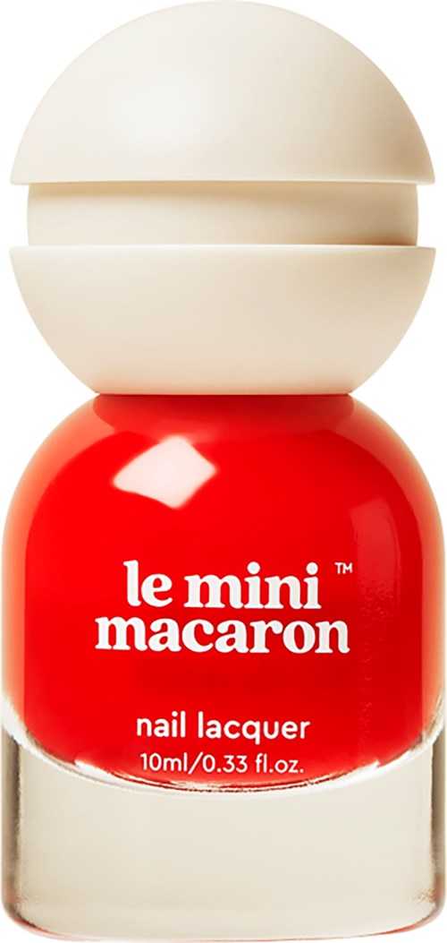 Red nail polish bottle labeled "le mini macaron nail lacquer" with a white cap. Small and round shape.