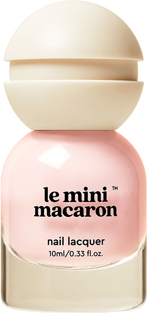 A small bottle of pink nail lacquer with a white cap, labeled 'le mini macaroon' for nails.