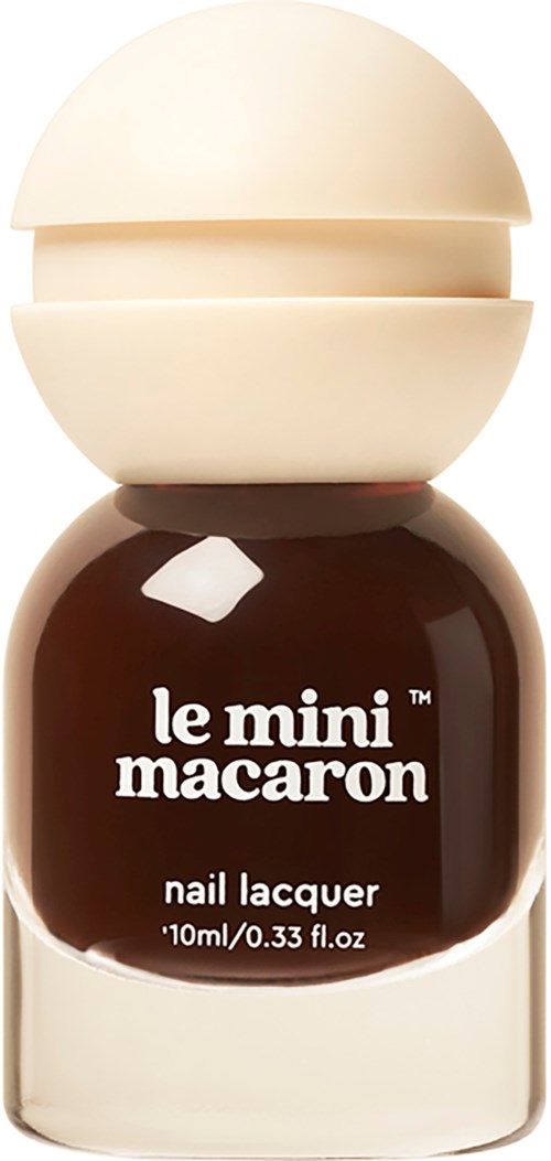 A small bottle of brown nail polish named 'le mini macaron' with a white cap.