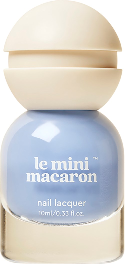 A small blue nail polish bottle with a beige cap, labeled "le mini macaron," showing it's 10ml size.