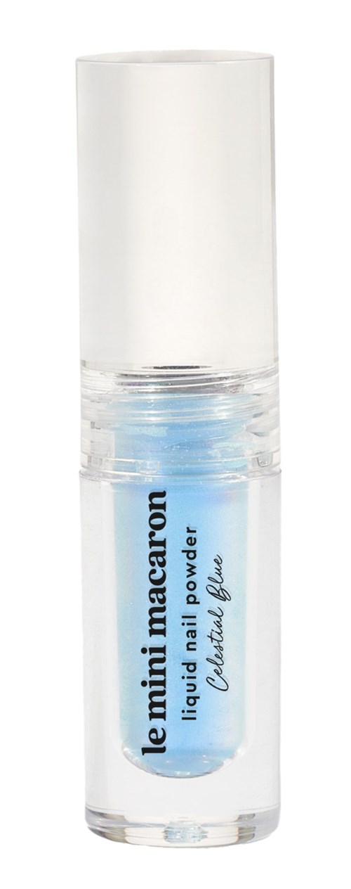 A small tube of light blue liquid nail polish with a white cap, labeled "le mini macaron" and "liquid nail powder".