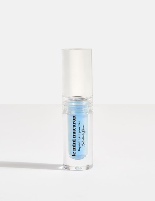 A small glass bottle with blue liquid and a white cap, labeled "le miroir macaron."