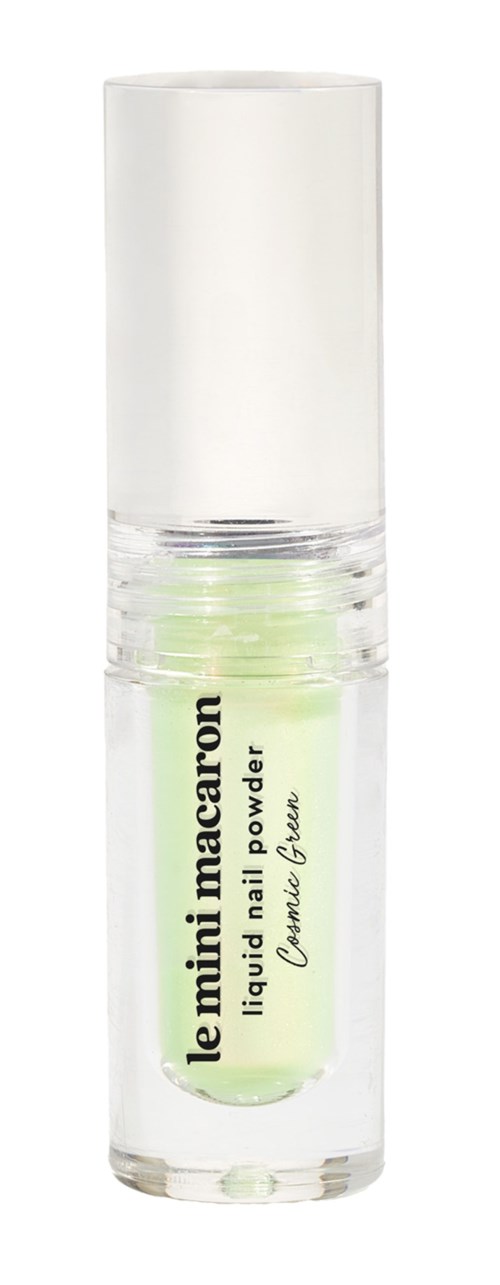 A small bottle of green nail powder called Le Mini Macaron, with a white cap and transparent body.