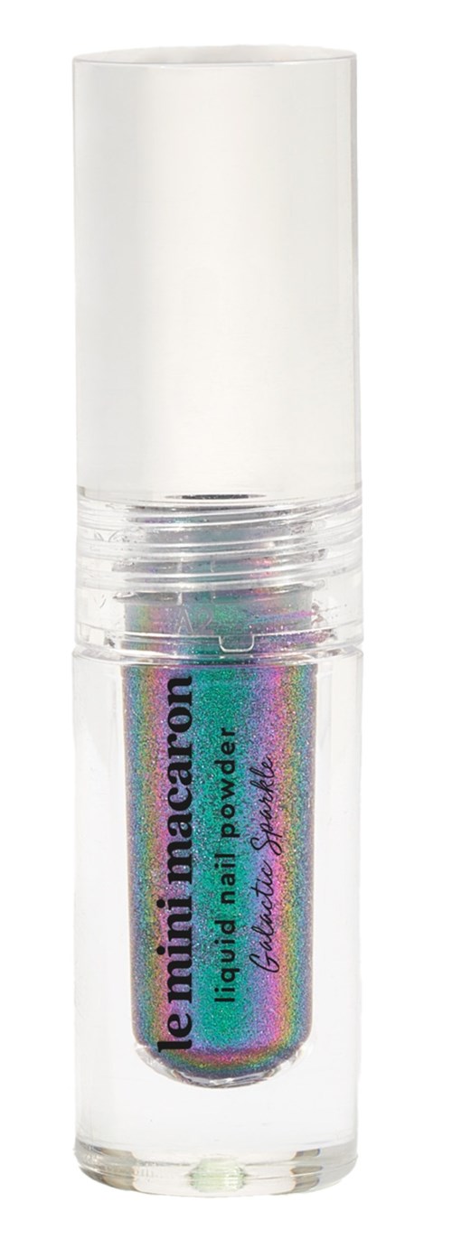 A small iridescent liquid and powder makeup container with a white cap, labeled in French.