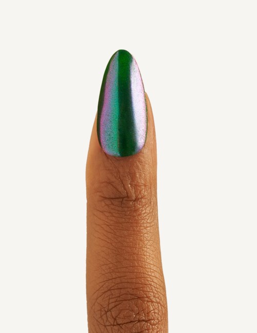 A finger with shiny, multicolored nail polish. The background is plain white.