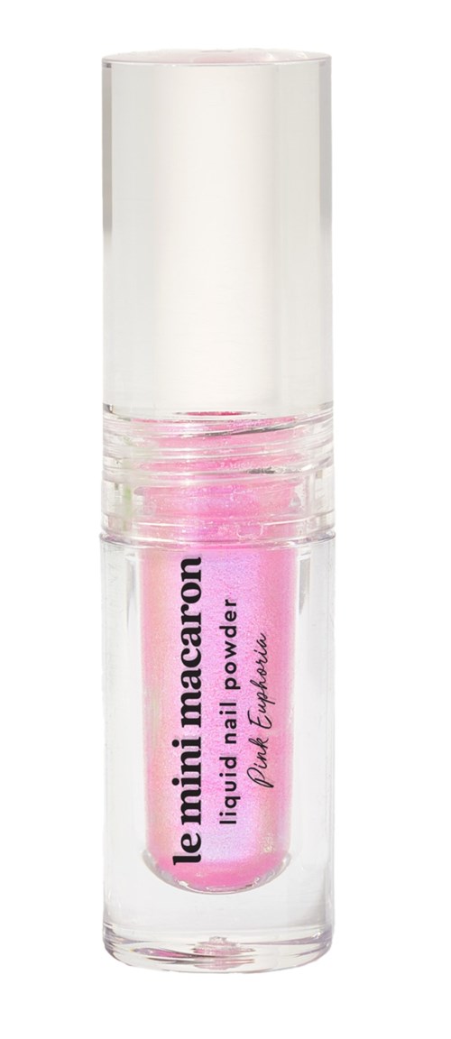 A small transparent bottle with pink liquid lipstick inside, labeled "le mini macaron" and "liquid nail & lip color."